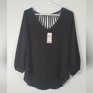 Philosophy NWT Blouse. Sheer Black. Back Cutout. V-Neck. Loose Fit. Size XS.